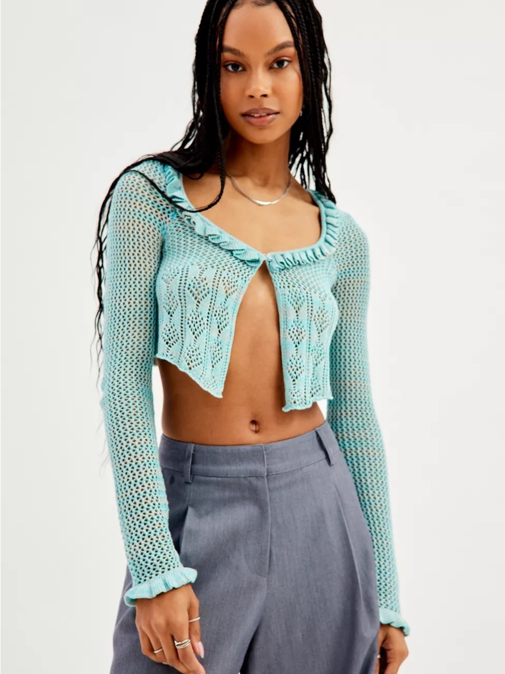 UO Women’s Pink Crochet Ruffle Coquette Cropped Bolero Cardigan Size:XS/S - Picture 8 of 8